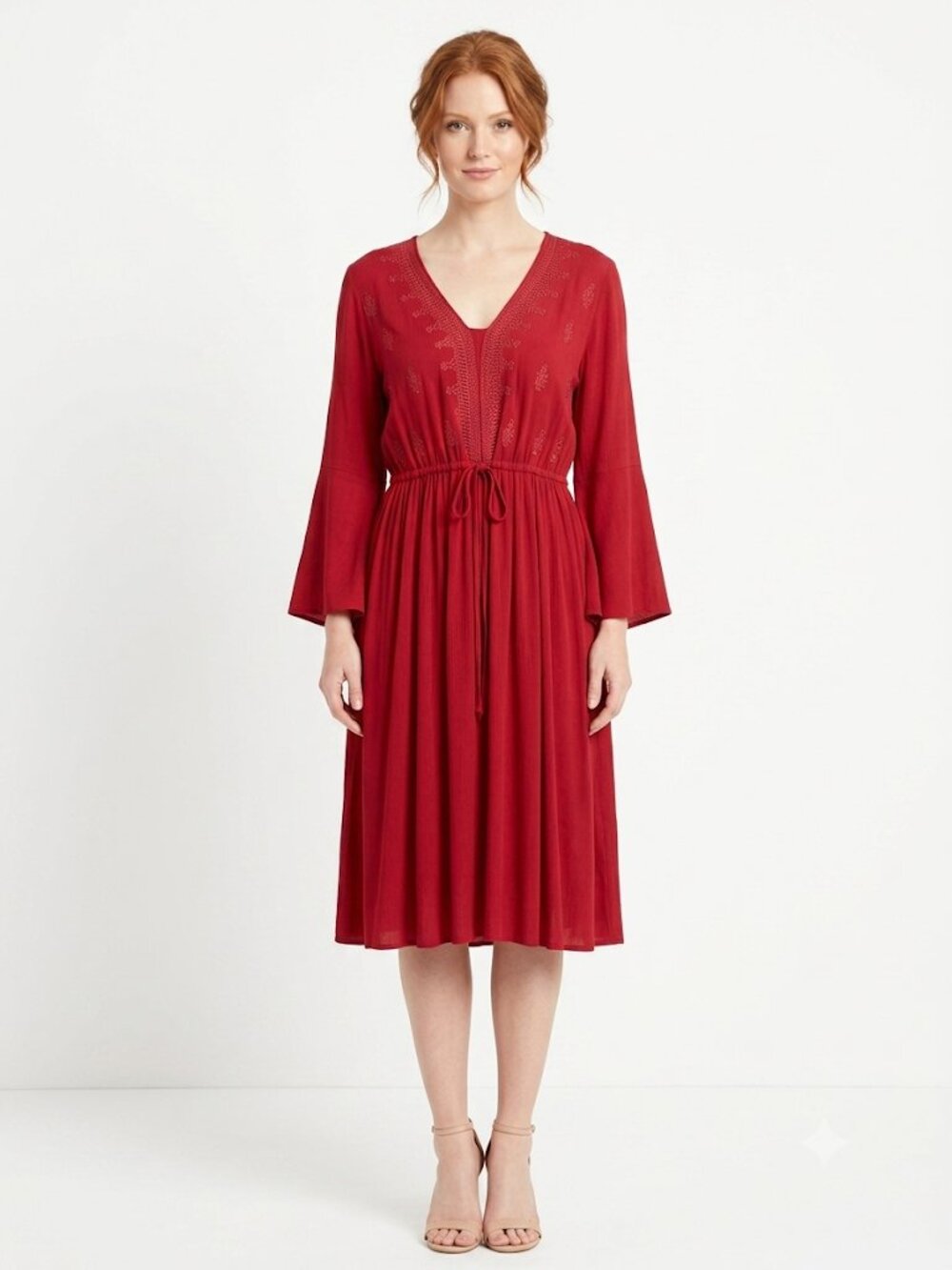 Indigo Soul Red Midi Dress Embroidered Rayon  Large